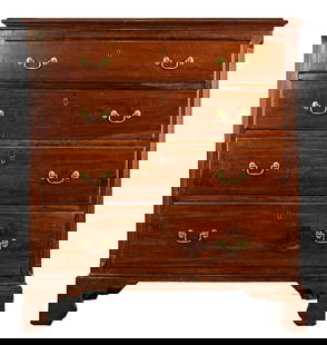Ca. 1780 Chippendale Conn. 4 Drawer Chest: Ca. 1780 Cherry Chippendale Connecticut 4 drawer chest. Original drop pulls, molded corners, and bracket base. Pine secondary, refinished. 42"h, 38"w, 20"d.