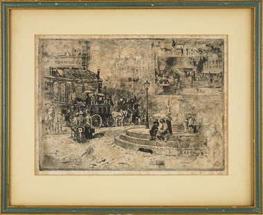 Felix Hilaire Buhot (FR 1847-1898) A La Place Pigalle: Felix Hilaire Buhot (French 1847-1898) A la Place Pigalle - drypoint and aquatint on paper- marked with a red FB monogram with Owl device- dated 1878, mild toning, Plate 9.5 x 13" 15.5 x 18.5" a frame