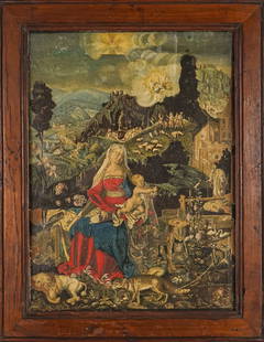 17th c Flemish School Madonna and Child Engraving: 17th c Flemish School engraving of Madonna and Child with hand colored decoration, laid on panel with 19th c German collection tags reverse.Early blown glass in frame- minor losses at margins, 12 x 9.