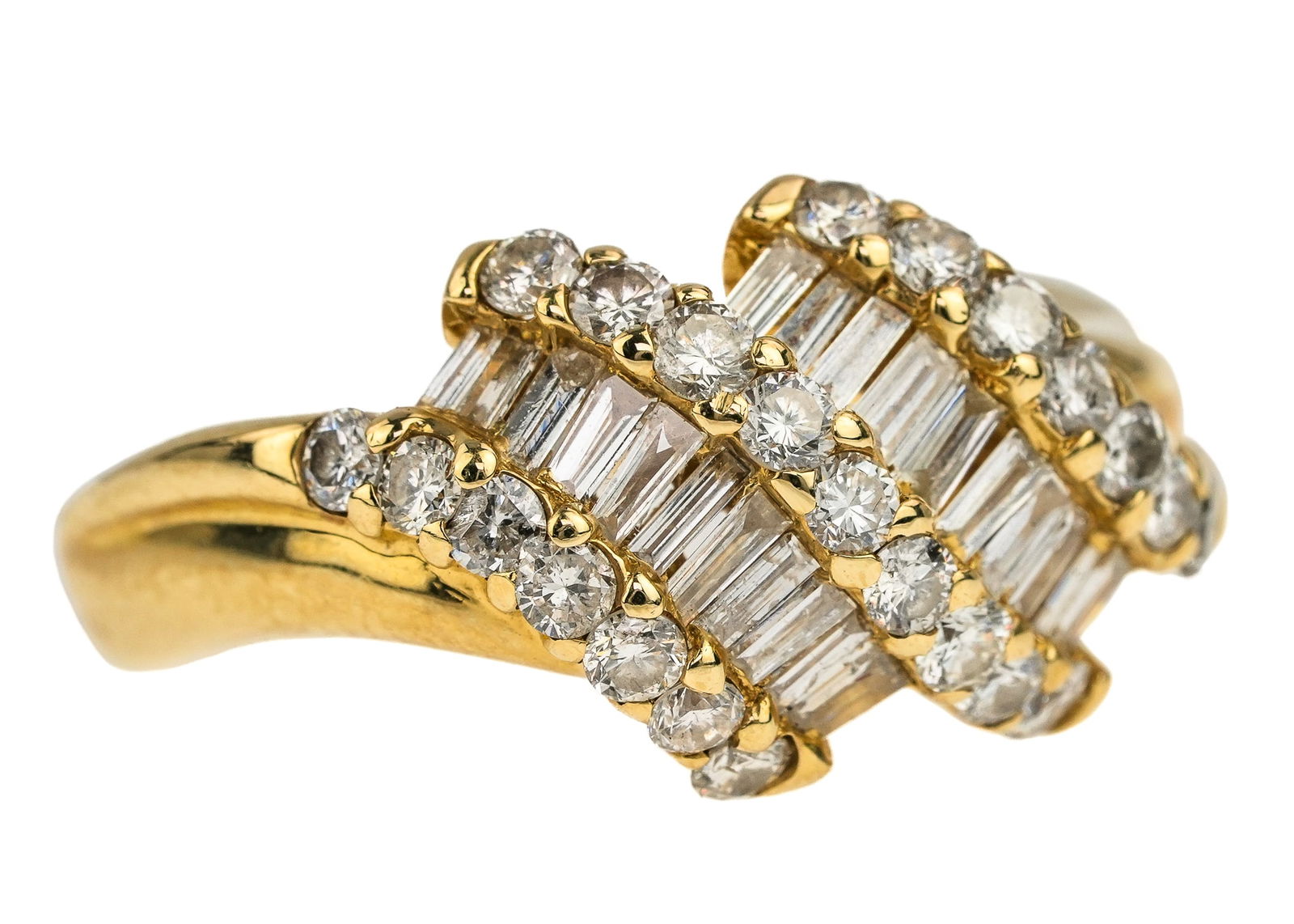 14k Diamond 1 CT Cocktail Ring: 14k yellow gold cocktail ring set with 2 rows of 9 baguette cut .03 ct diamonds and 3 rows of round cut diamonds, 23 total .02 ct each. 1 CT total weight diamonds. Ring size 6.