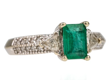 Emerald, Diamond, & 14k White Gold Ring