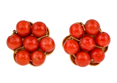 Pair of Victorian Coral & Yellow Gold Earrings