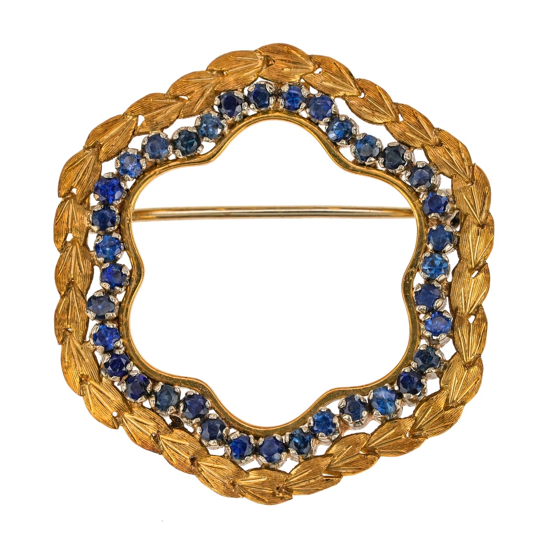 18k Italian Sapphire Wreath Pin: 18k yellow gold cut wreath brooch pin with approx. 40 .03 ct round cut sapphires on interior edge. 32 mm wide. 7.9 grams t.w.