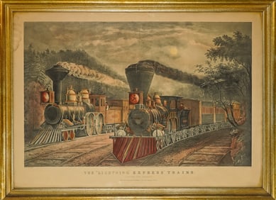 Currier and Ives -The "Lightning Express" Trains lithograph