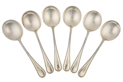 6 Durgin Bead Sterling Silver Soup Spoons