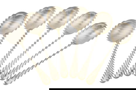 6 Durgin Bead Sterling Silver Soup Spoons: Set of 6 Durgin "Bead" pattern soup spoons with Gothic script "K" monogram 7" 8.5 troy oz.