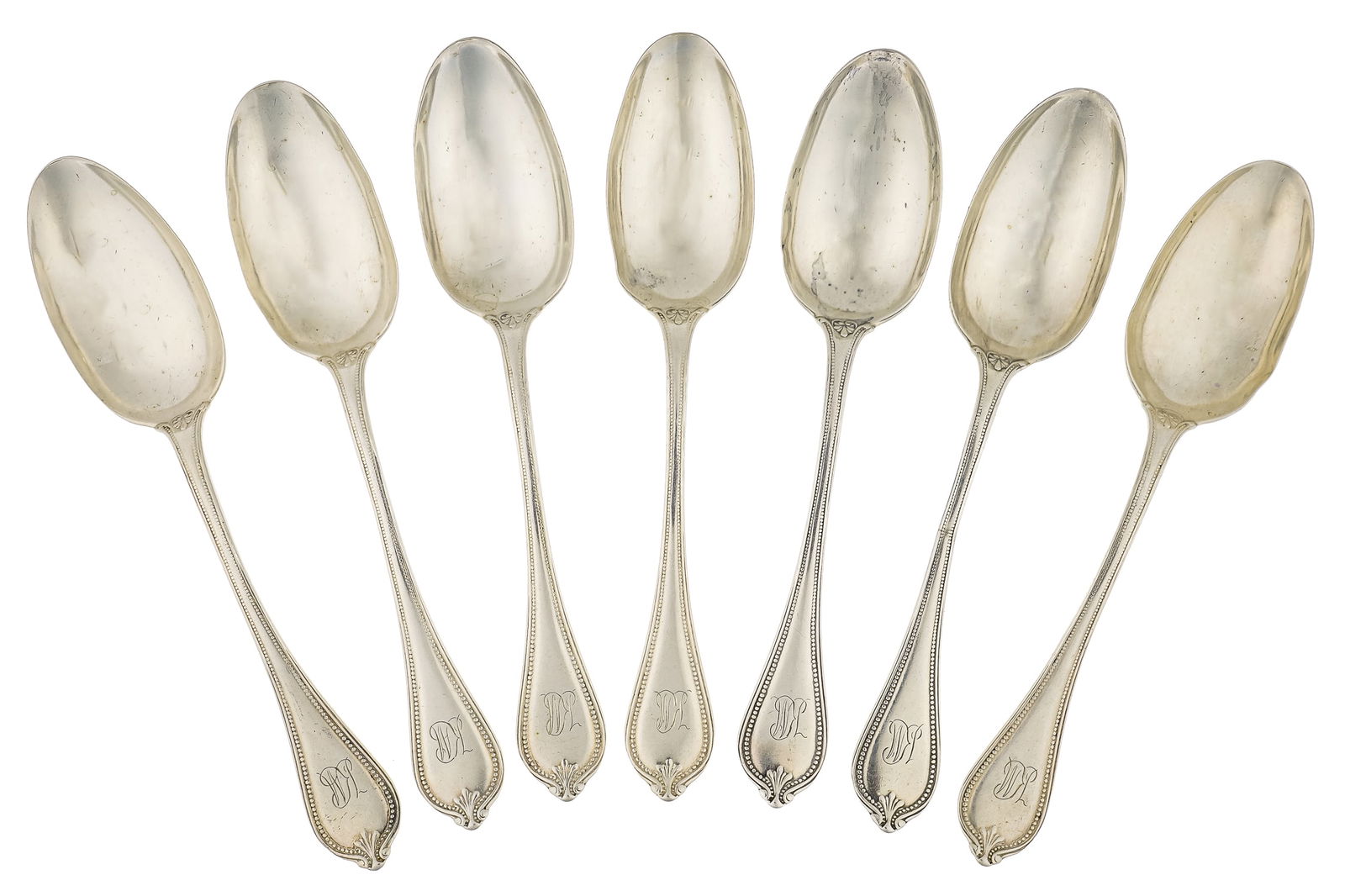 7 Towle Sterling Silver Teaspoons: Set of 7 Towle "Old Newbury" pattern beaded edge sterling silver teaspoons, cursive script monogram, imperfections 5.5" 3.7 troy oz.