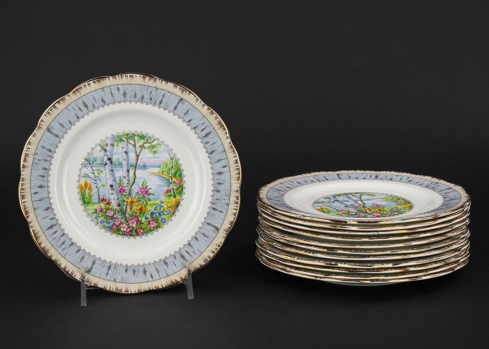 12 Royal Albert Silver Birch Bone China Plates: Set of 12 Royal Albert "Silver Birch" pattern scenic English bone china luncheon plates, excellent overall condition dia. 8"