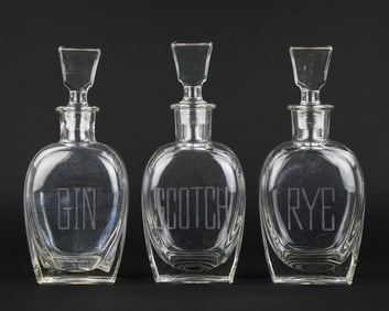 Set of 3 Mid Century Engraved Crystal Decanters