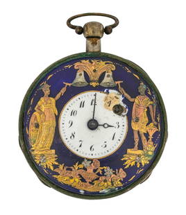 French Quarter Repeating Coin Silver Pocket Watch: FRENCH KEY-WINDING POCKET WATCH, QUARTER REPEATER WITH AUTOMATONS, 1810 Four body coin silver case. Blue translucent guilloché background with two jaquemarts which strike on bells, small white enamel