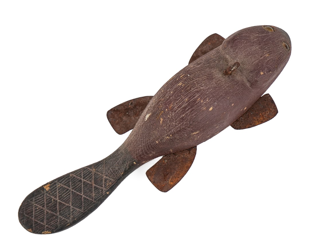 Folky Carved Beaver Ice Fishing Decoy (1 of 5)