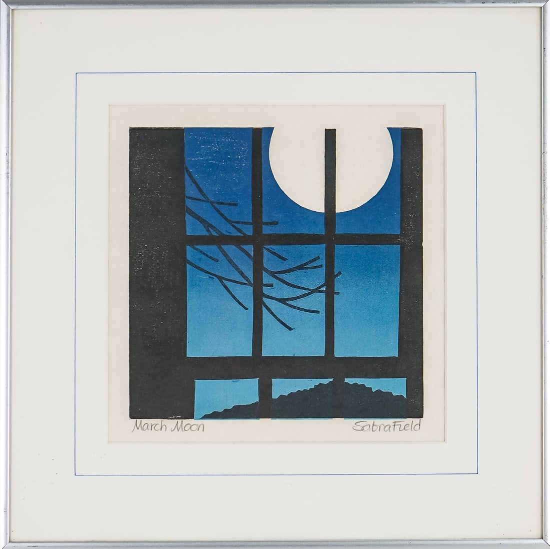 Sabra Field (VT 1935-) March Moon: Sabra Field (Vermont 1935-) March Moon plate 7 x 7" 13 x 13" as framed, signed and identified lower margin. Field is one of the most beloved and widely collected Vermont artists of the 20th/21st centu