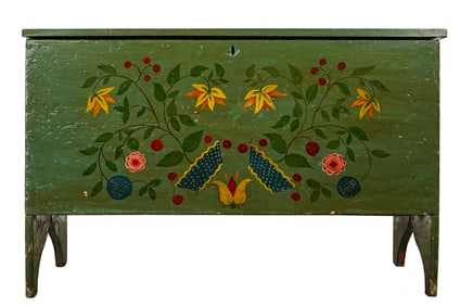 Folk Painted Pine Bootjack end blanket box.