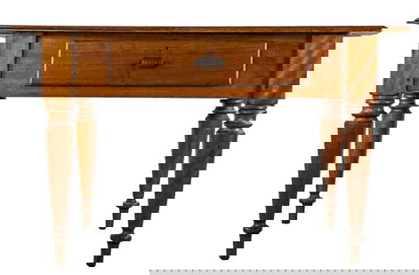 Ca 1860 Northern Franklin Co VT or Quebec Kitchen Table: Ca 1860 Northern Franklin Co, VT or Quebec kitchen work table, flame birch and pine, turned legs, one drawer, nicely refinished, 47" x 30" x 28"