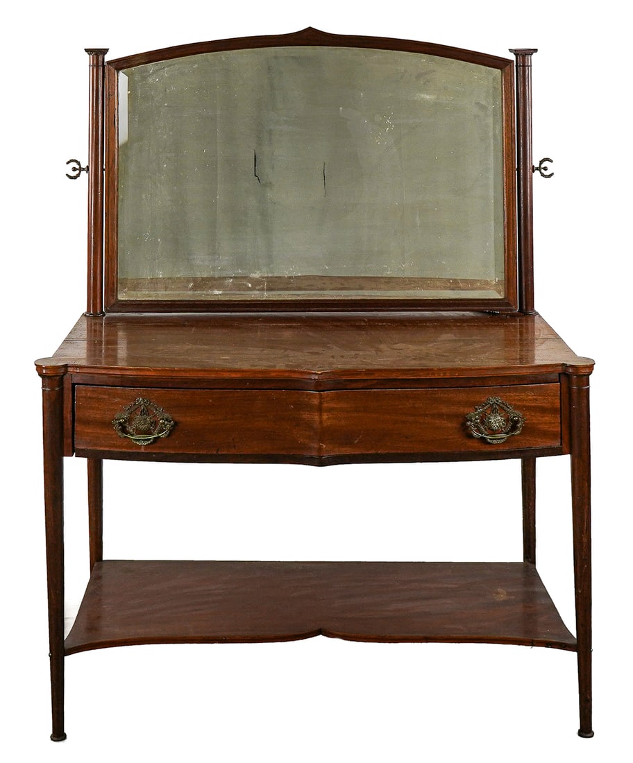 Circa 1910 mahogany Dressing Table: Circa 1910 Mahogany Dressing table/ vanity with 27 x 38" mirror, turned columns lower shelf, minor scuffs and losses associated with age. 54 x 42 x 22"