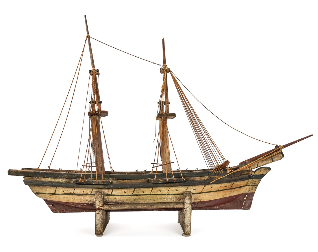 Early 20th c Pond Boat Sailing Ship: Early 20th c pond boat rigged sailing ship, without sails, rudder and rudder arm missing, length 33", ht on stand 24 1/2"