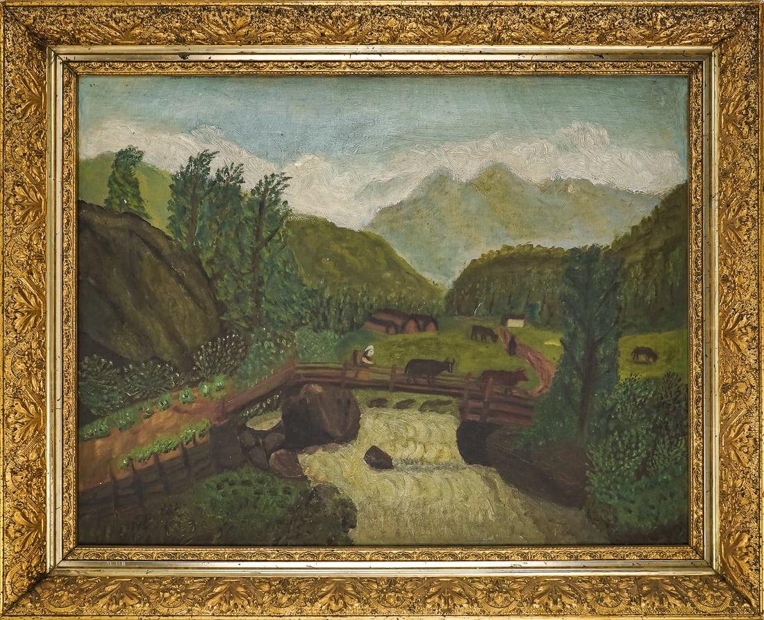 19th c naive landscape in gilt frame (1 of 6)