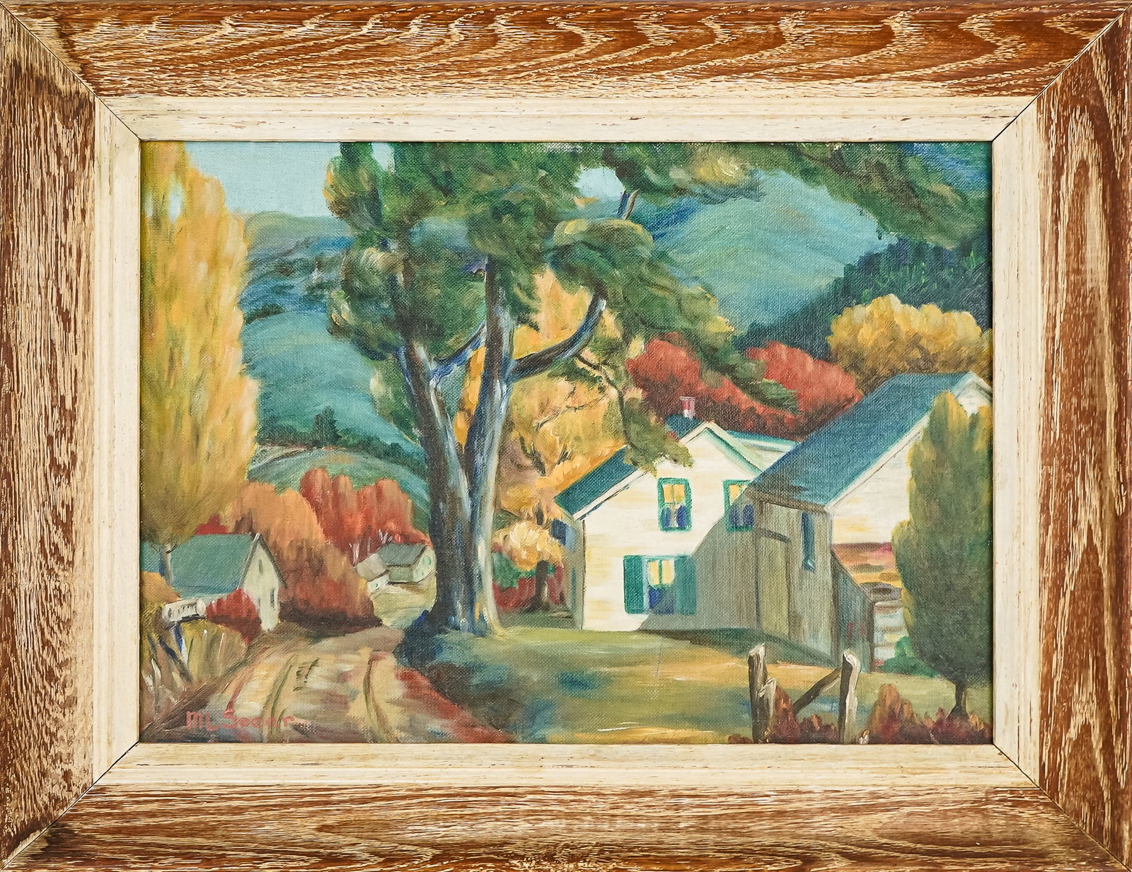 M L Spear (AM 20th c ) Regionalist Landscape: ML Spear (American 20thc ) Regionalist Landscape oil on board executed in a WPA style - Signed lower right- 10 x 14" 14 x 18" as framed.