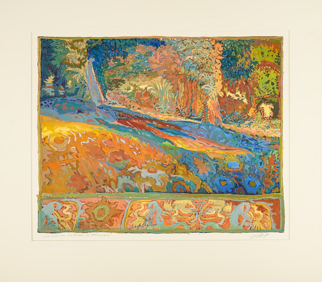 Valerie Hird (VT 1955-) One Nite the Rug Became a Landscape: Valerie Hird (Vermont 1955-) One Nite the Rug Became A Landscape (sic) watercolor and gouache on paper signed and Identified 16 x 20" 24 x 27.5" Hird constructs her ‘Bio Mythology’ – a personal