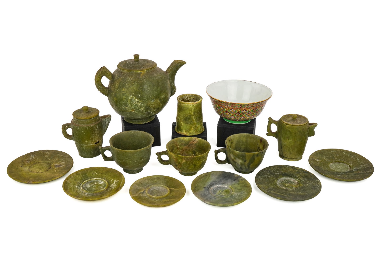 20th c Chinese Hardstone Tea Service: 20th c Chinese hardstone tea service (13 pc), teapoy ht 5 1/2", sold with a 19th c Chinese bowl with famille rose enamel decoration dia 5 1/2"