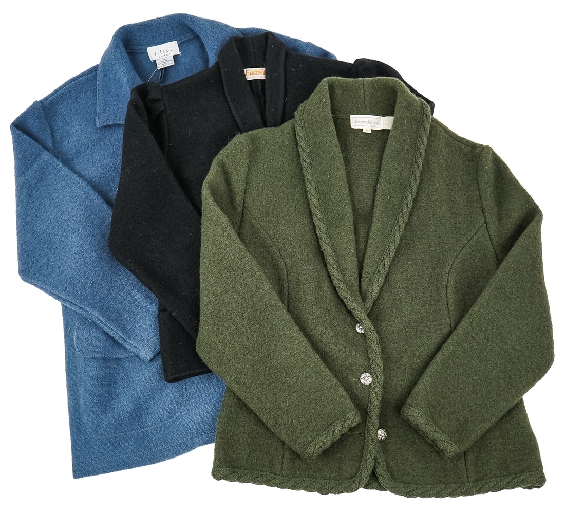 New Old Stock Sweaters: New Old Stock Solid Color Sweaters and light coats, mix of makers including Moriarty, LL Bean, Tweeds, J Jill, Waimate etc.