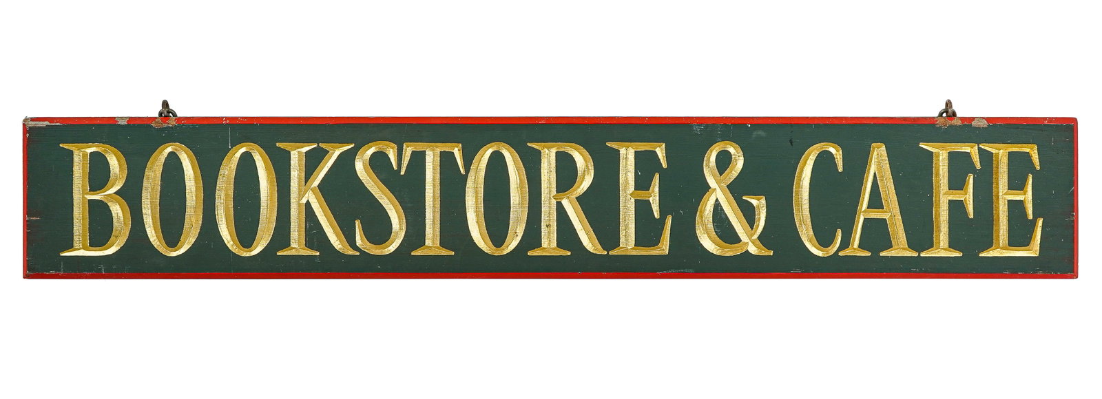 Embossed Gilt "Bookstore & Cafe" Sign: Embossed/routed "Bookstore & Cafe" Sign in excellent overall condition. 9 x 59"