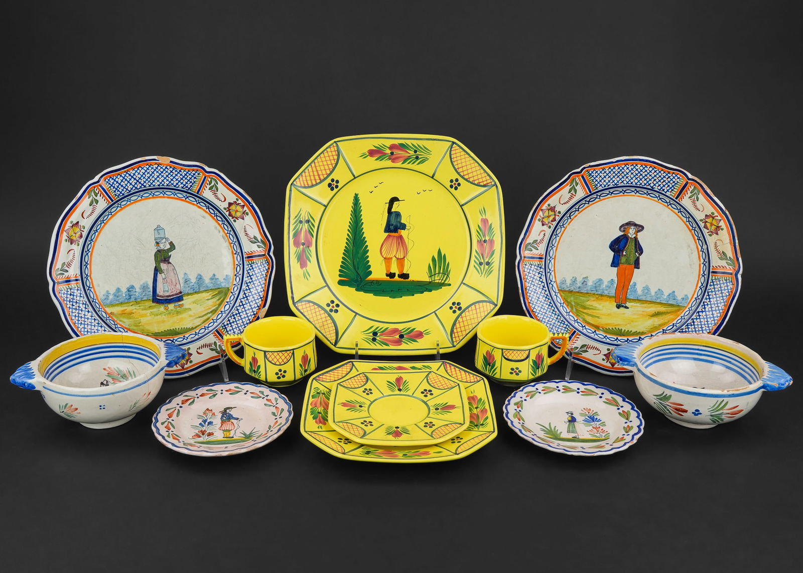 56 pcs. Quimper and Faience Pottery Tableware (1 of 9)