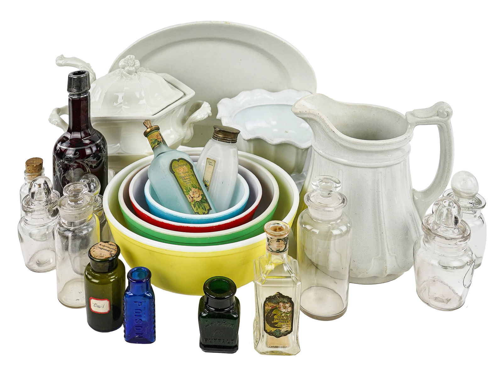 Ironstone, Pyrex, Perfume & Silver Overlay: Ironstone tureen with ladle, nest of 4 Pyrex bowls in primary colors, silver overlay Scotch bottle in thistle pattern, frosted perfumes, etc