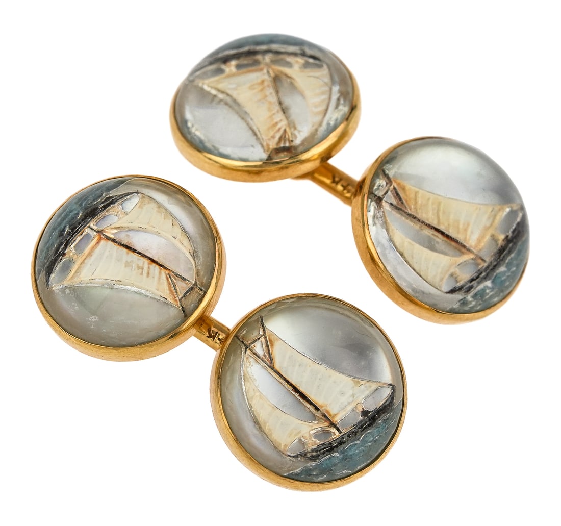 Ca. 1930 14k Sailboat Cufflinks: Ca. 1930 pair of 14k yellow gold cufflinks with round 13 mm diameter ends having glass panels with a sail boat painted interior scene. 9.4 grams t.w