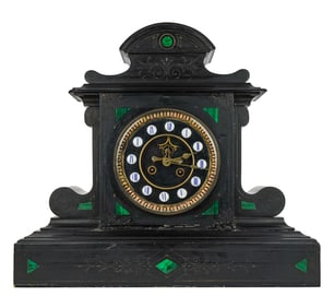French Malachite Inlaid Slate Mantle Clock