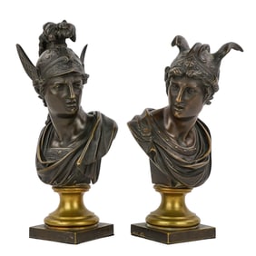 19th c French Minerva & Mercury Bronze Busts