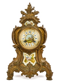 19th c Gilt Brass & Porcelain Mantle Clock