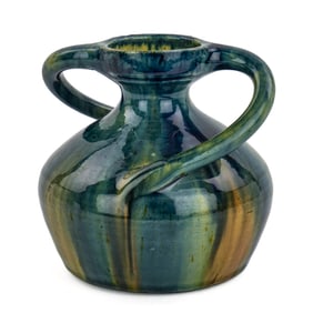 Belgian Drip Glaze Art Pottery Twist Handle Vase