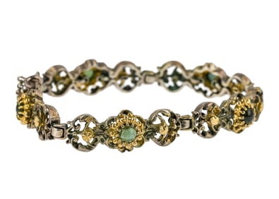 Ornate Silver, Yellow Gold, & Tourmaline Bracelet