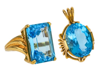 10k Yellow Gold & Blue Topaz Ring & Pendant