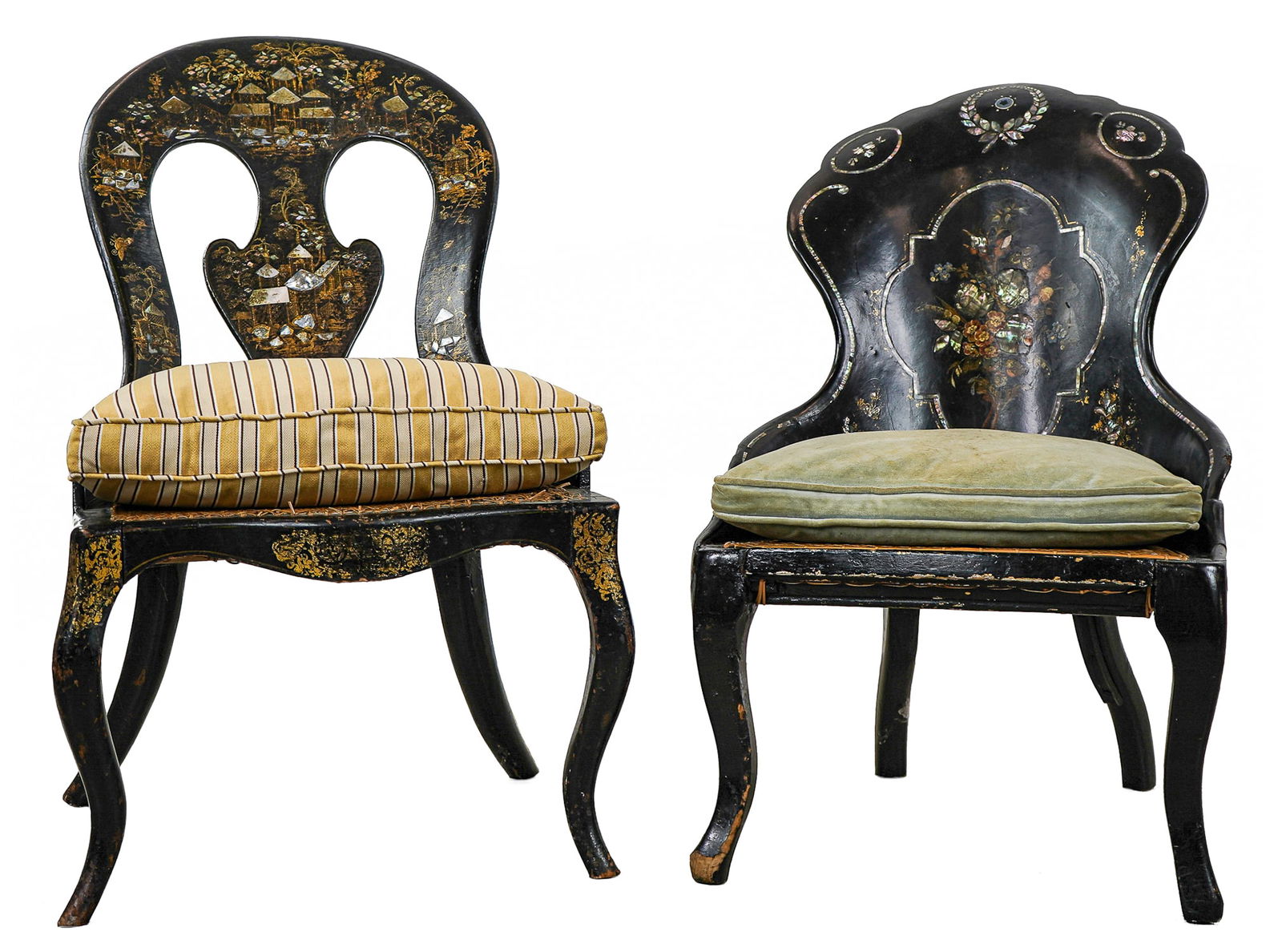 Two Victorian Black Lacquer Mother of Pearl Inlay Chairs (1 of 7)