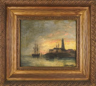 M Harwood (AM 19th c ) Seascape with lighthouse