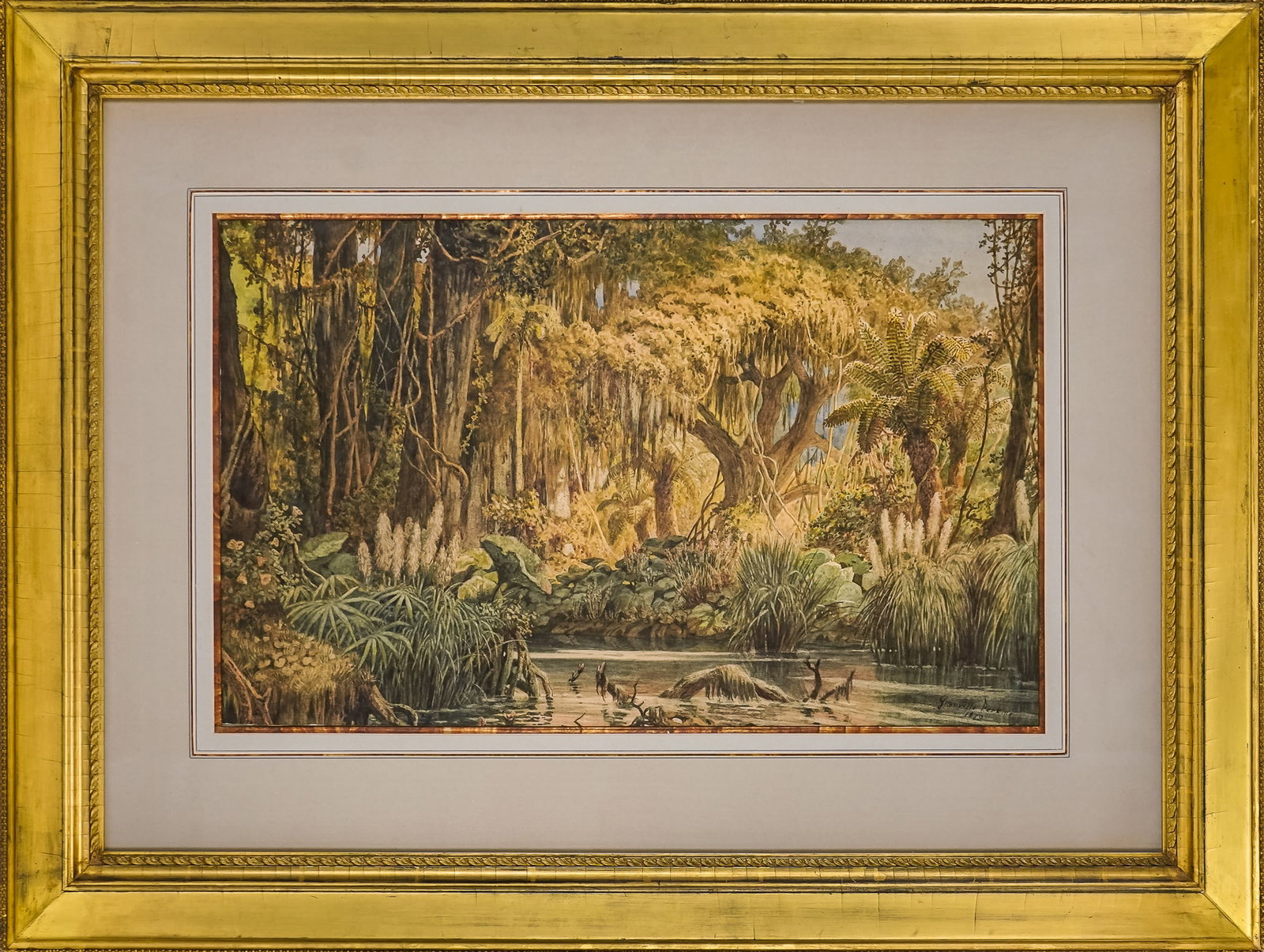 Granville Perkins (AM 1830-1895): Granville Perkins (American 1830-1895) Tropical Landscape watercolor on paper signed lower right date 1870 14 x 24" 27 x 36" as framed. Perkins studied art with the marine painter James Hamilton at th
