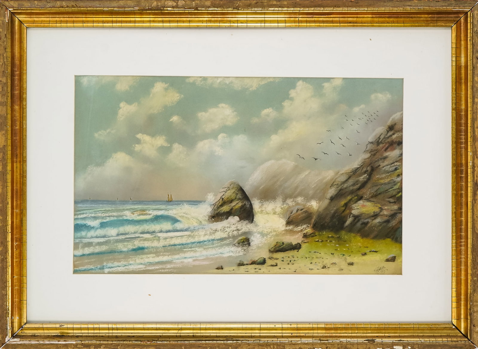 Charles Frederick Kimball (AM 1835-1907) Seascape with Gulls: Charles Frederick Kimball (American 1835-1907) Seascape with gulls pastel on paper signed lower right 13 x 21" 22 x 31" as framed. After gaining recognition as a gifted artist, Kimball quit painting p
