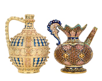 2 Fischer Hungarian Art Pottery Mantel Ewers