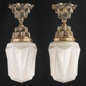 Two Art Deco Silvered Pendant Light Fixtures