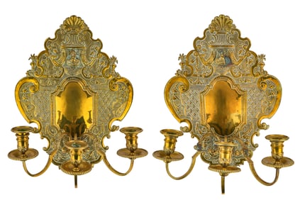 Pair of 19th c French Gilt Brass Double Wall Sconces