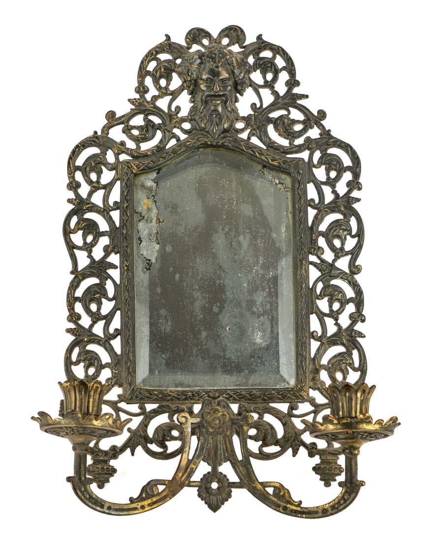 Bradley & Hubbard Double Arm Mirrored Wall Sconce: Bradley & Hubbard double arm mirrored candelabra, mirror silvering has some losses, ht 16"