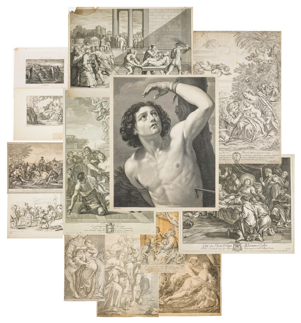 Lot of 17th /18th c Italian School prints with religious themes: 17th and 18th c Italian School Engravings with religious themes- After Guido Reni- Virgin and Child 8.5 x 6" , St Sebastian 15 x 12" ;Pietro Fresco Mola - Rest During Flight into Egypt-19 x 13"; Auden