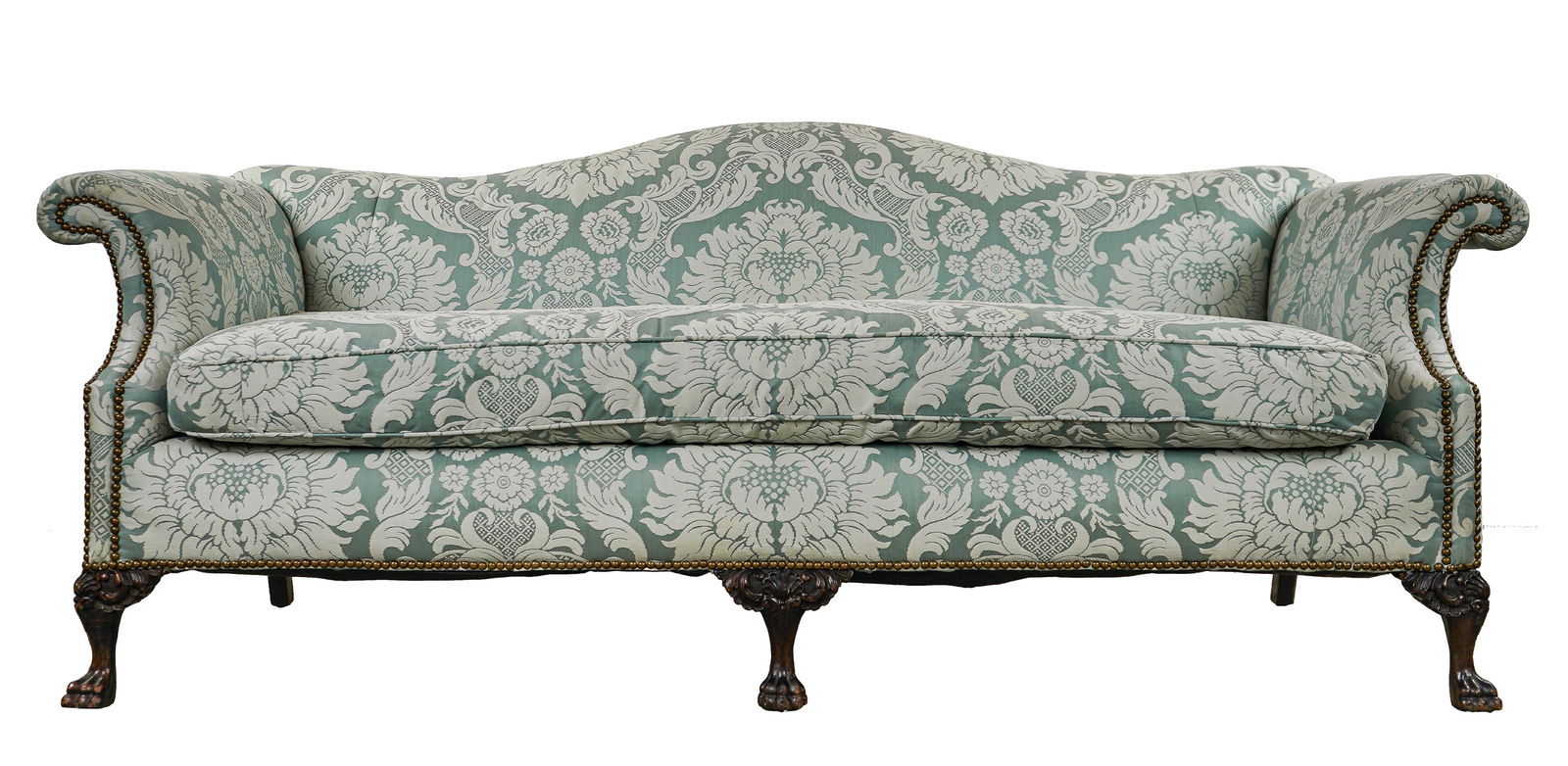 Colonial Revival Camel Back sofa: Colonial Revival Camelback Sofa in slate damask fabric with hairy paw feet, 30 x 80 x 31"