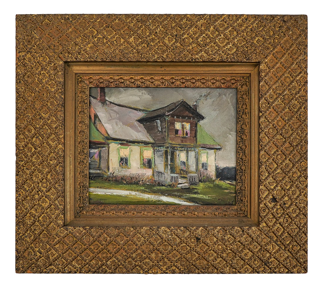 Stan Marc Wright (VT 1911-1996) The Old Farmstead: Stan Marc Wright (Vermont 1911-1996) The Old Farmstead- oil on canvas- 8 x 10" 16 x 18" as framed. Stan painted many portraits of Vermont political figures which were hung at the State House in Montpe