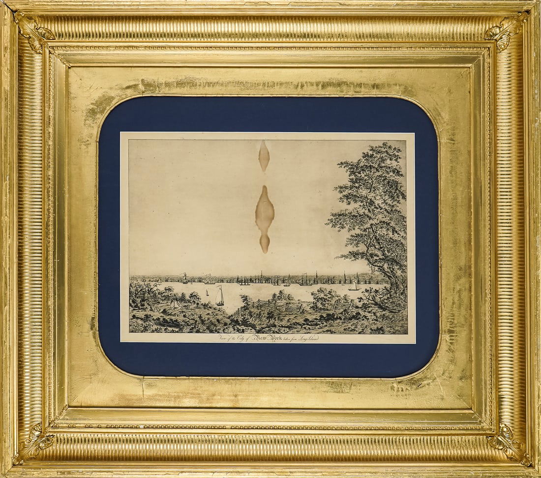 Charles Balthazar Julien Fevret de Saint-Memin. (1770-1852) A View of New York: Charles Balthazar Julien Fevret de Saint-Memin. (1770-1852) A View of New York taken from Long Island engraving on paper, significant stain as pictured. in gilt frame. Plate 13 x 18" 32 x 36" as frame