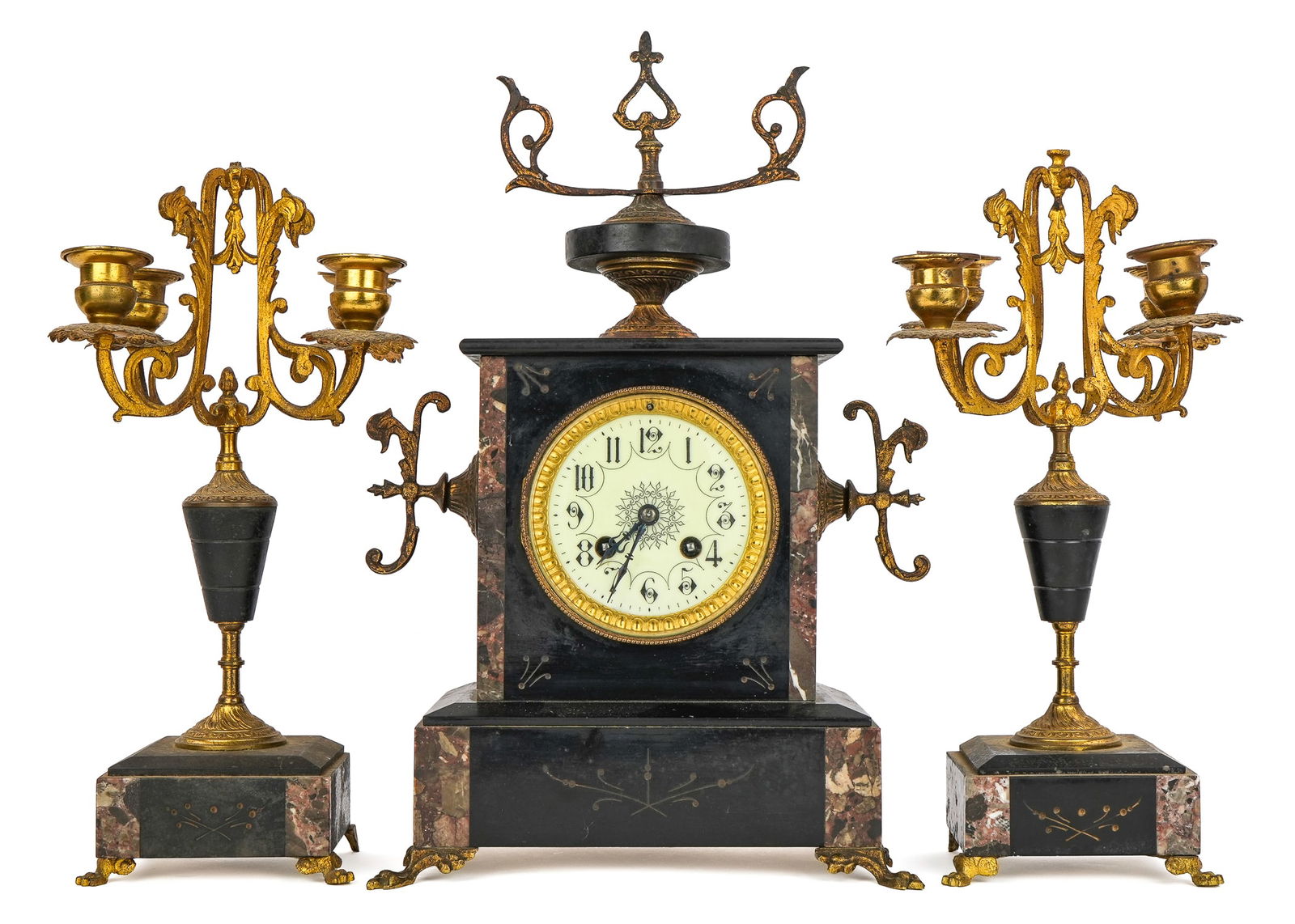 French Gilt Brass, Slate & Marble Garniture Set: Late 19th c French slate, marble, & gilt brass garniture set, S Marti signed brass works, candlesticks missing finials, hts 15", 13"