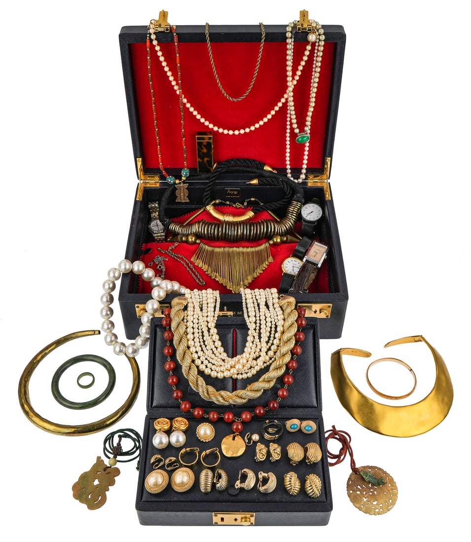 Asprey London Jewelry Box & Designer Jewelry: Costume jewelry, Asprey of London traveling leather jewelry case. mostly 1950's and 1960's designers and nephrite jade, Dunhill Tortise finish lighter,