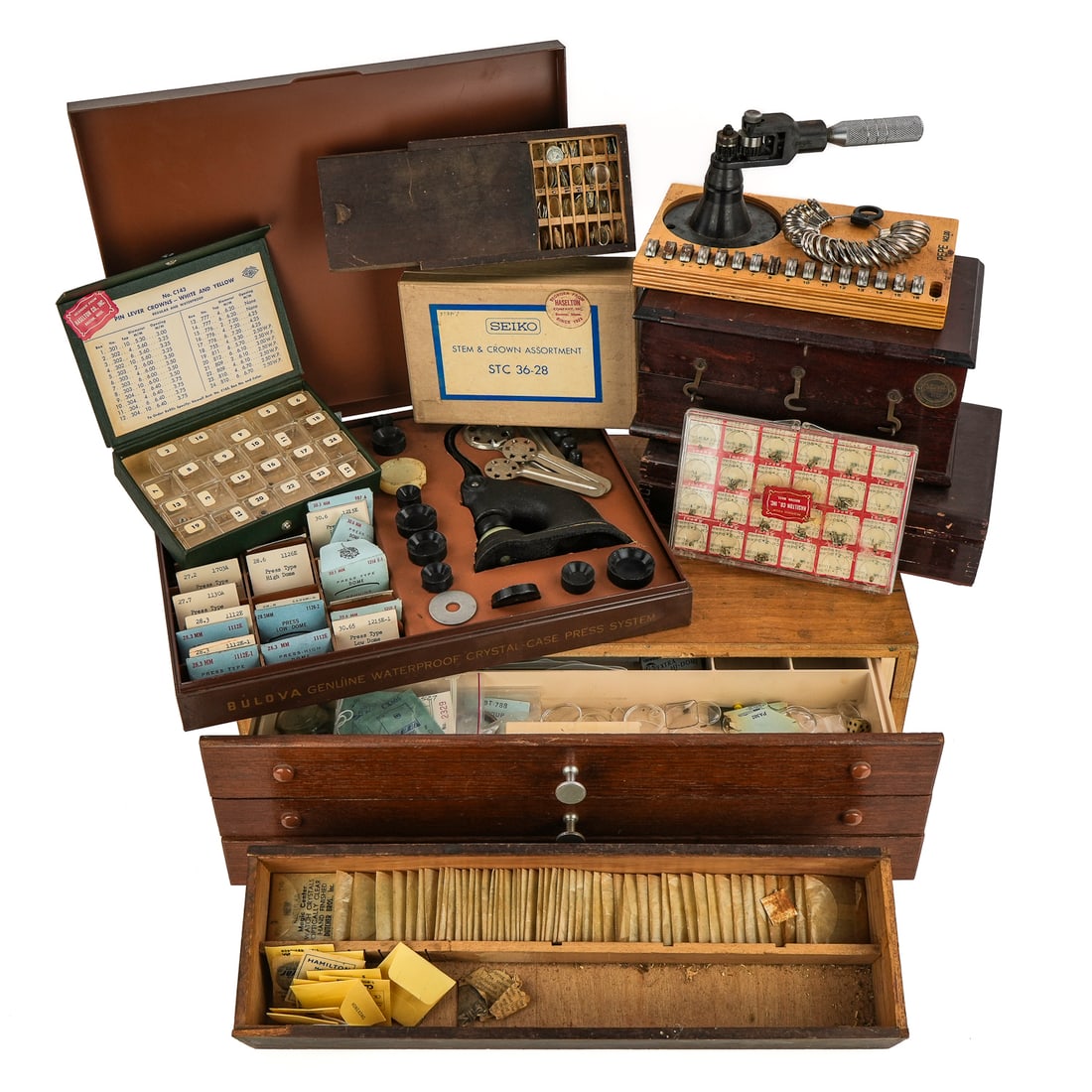 Watch Repair Parts, Crystals, Ring Sizer: Watch repair parts, watch crystals, Bulova repair parts box with press, jewelry repair parts, ring sizer, Pepe 142 ring enlarger, etc